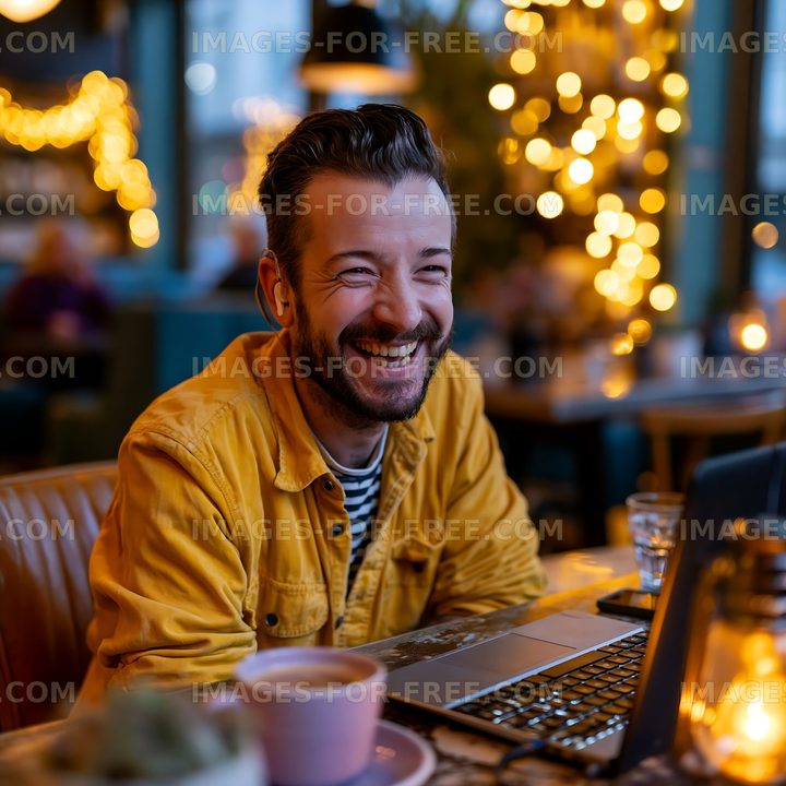 Man smiling while working on a laptop in a cozy cafe with lights