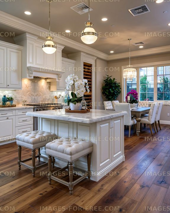 Modern kitchen with island and dining area in a bright setting