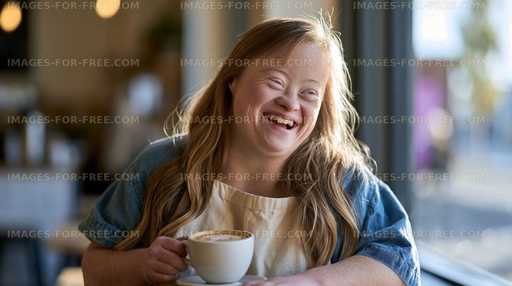Person holding a coffee cup while smiling indoors in a cafe
