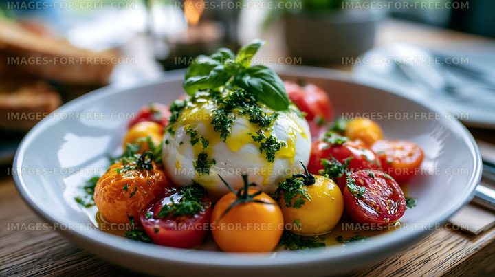 Fresh salad with burrata cheese and colorful tomatoes