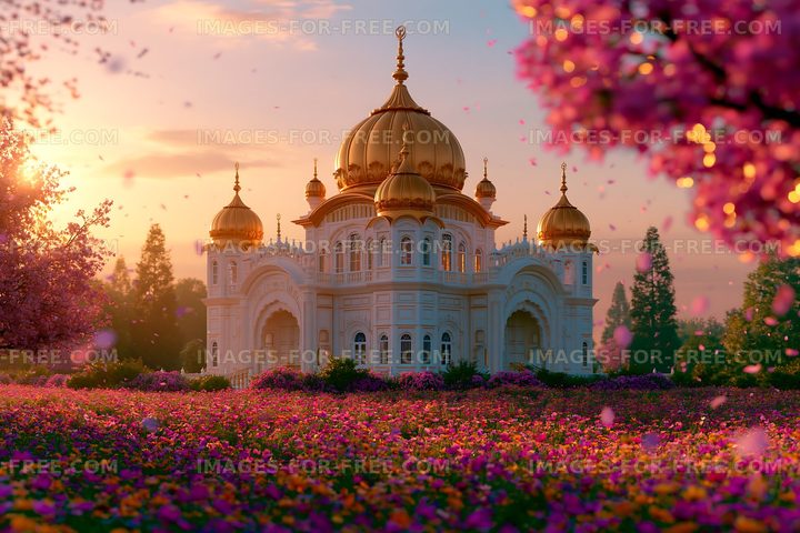 Flower garden surrounding a white palace with golden domes