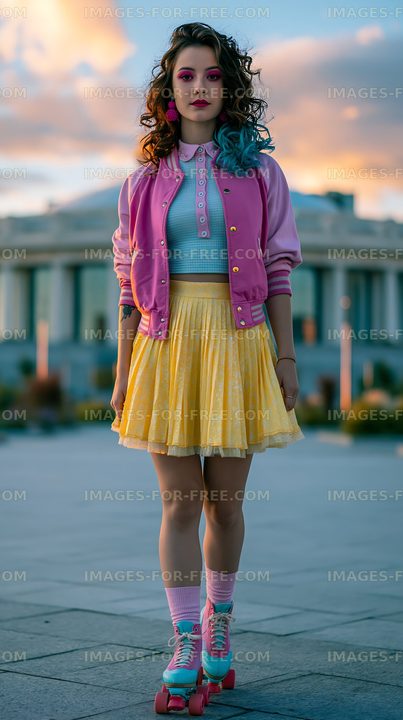 Young woman in roller skates poses in colorful outfit outdoors