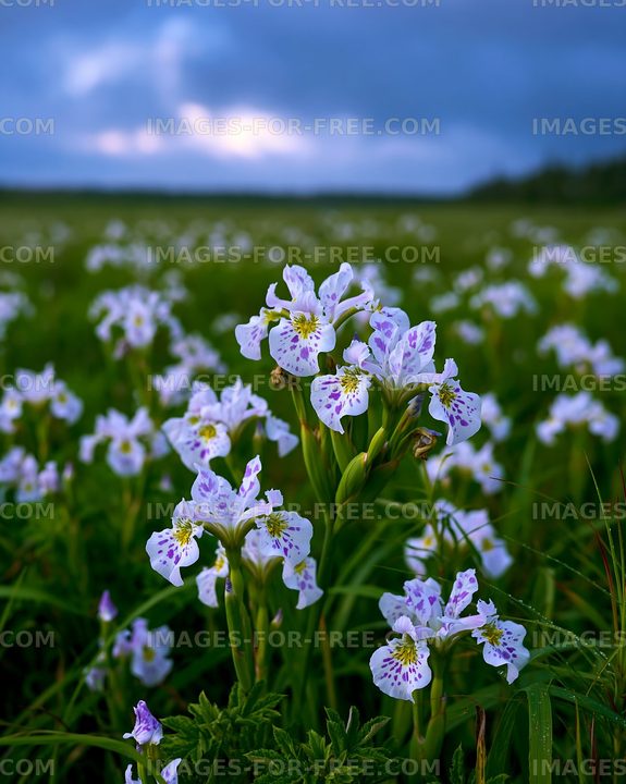 Wildflowers blooming in a green field under a cloudy sky
