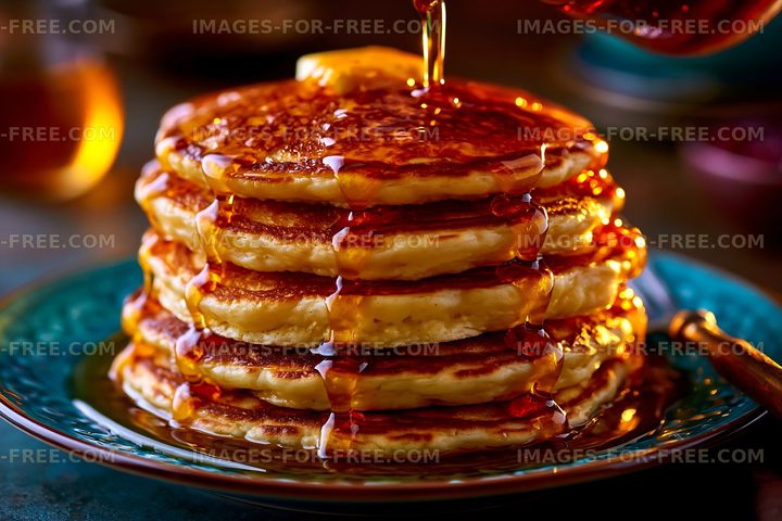 Stacked pancakes with syrup and butter on a blue plate