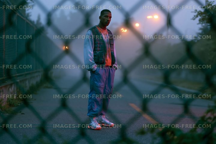 Man stands by a fence on a foggy street in evening light