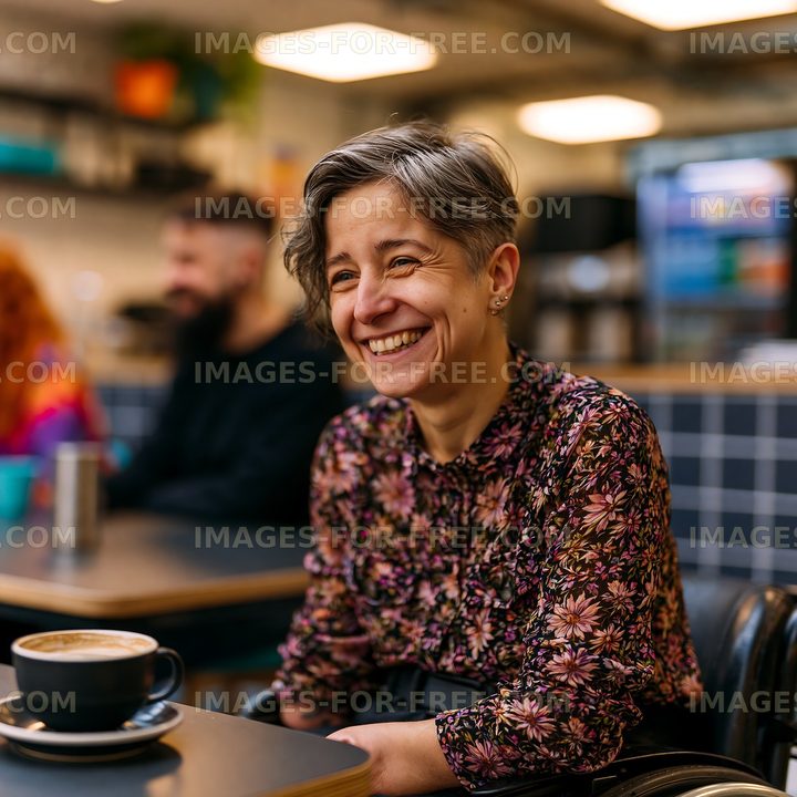 Woman smiling in a modern cafe with friends in the background