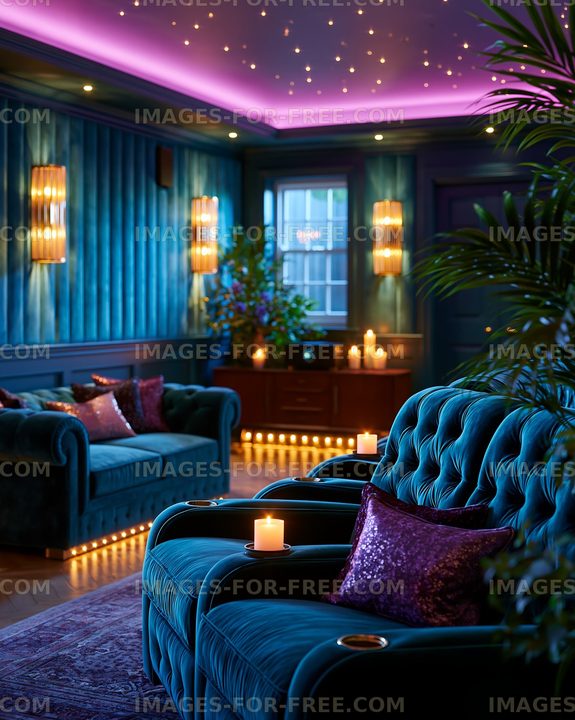 Cozy lounge with blue velvet furniture and ambient lighting