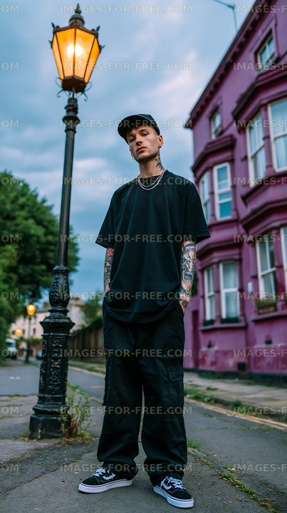 Man standing near lamp post along street with pink building