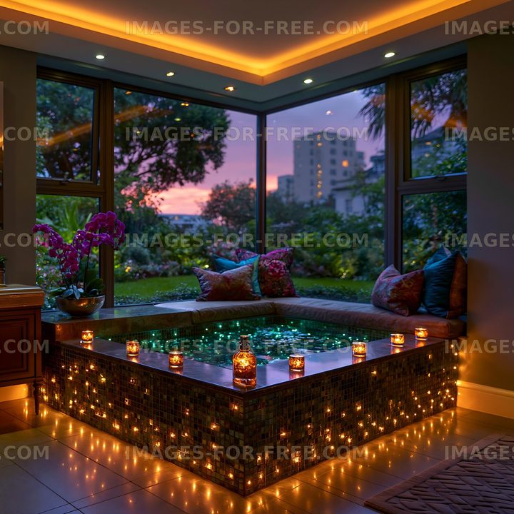 Spa area with candles and flowers near a garden at sunset