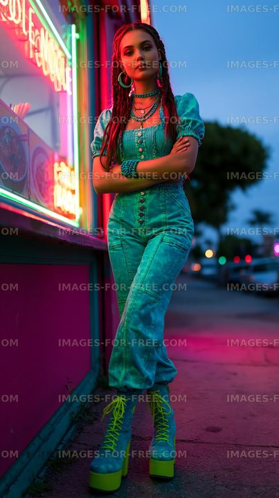 Young woman standing pose near neon cafe at dusk