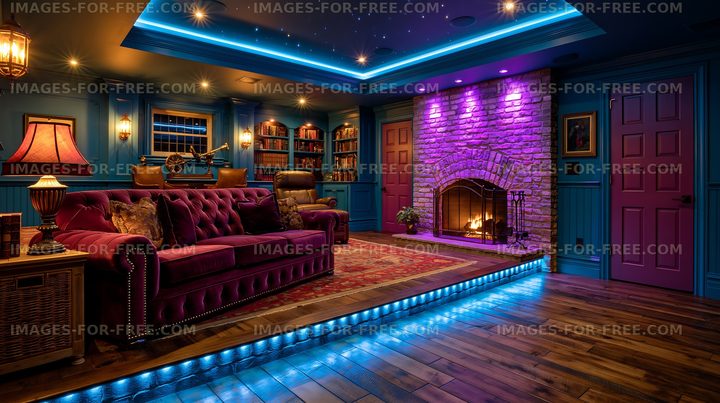 Cozy living room with fireplace and colorful lighting at night