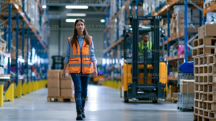 Worker walks in warehouse with forklift in background