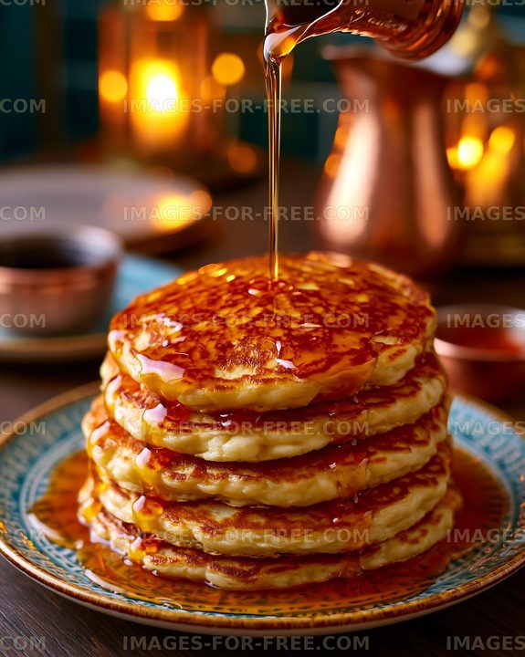 Pancakes stacked high with syrup drizzle and warm lighting
