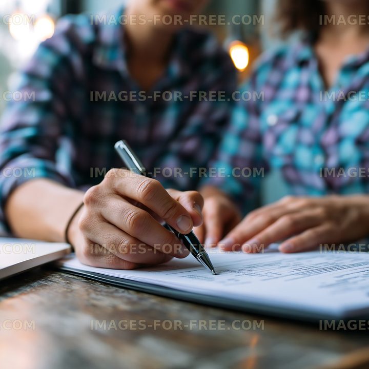 Two people signing documents at a wooden table in a cafe