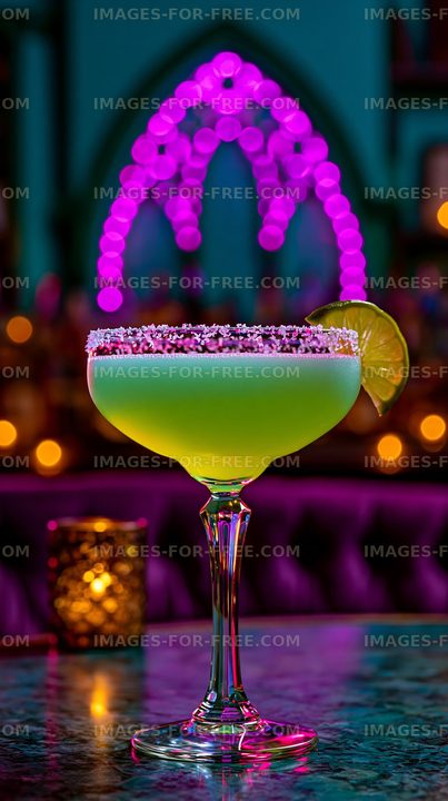 Colorful cocktail with lime on bar counter at night