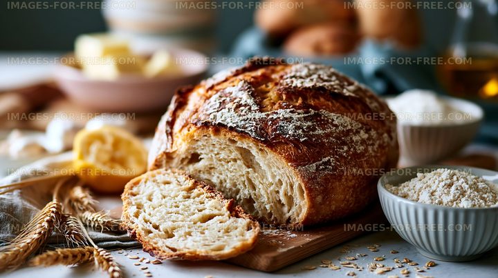 Freshly baked bread on a wooden board with ingredients nearby