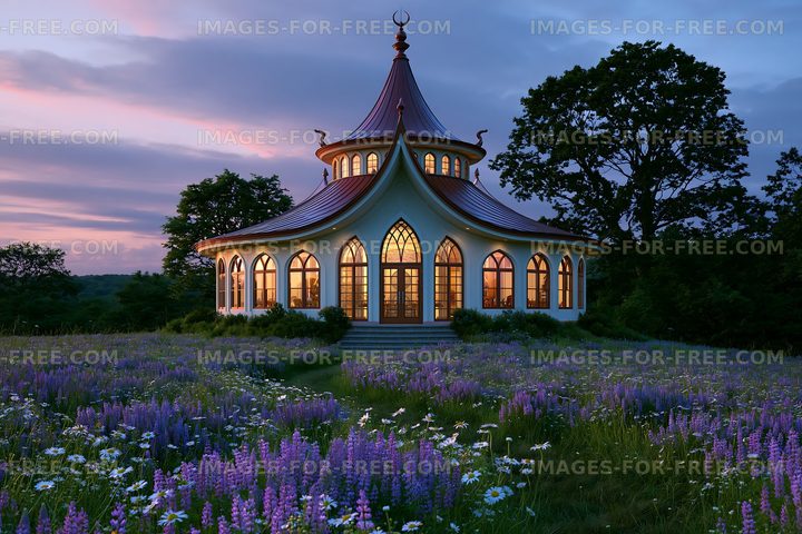 Beautiful building surrounded by flowers at sunset