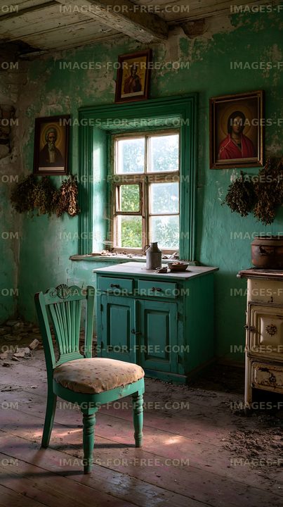 Old green room with chair and window in abandoned space