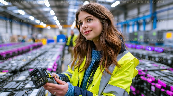 Woman working in warehouse with electronic equipment