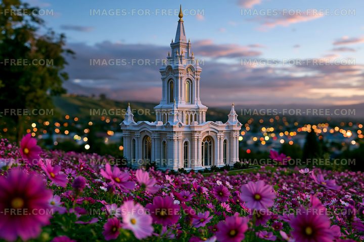 Beautiful architecture in a flower field during sunset