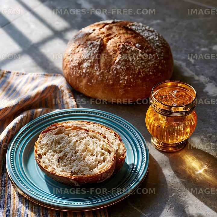 Fresh bread and tea placed on a marble countertop