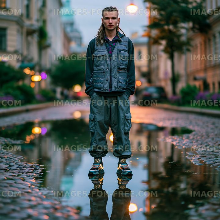 Person standing on a cobblestone street reflected in a puddle