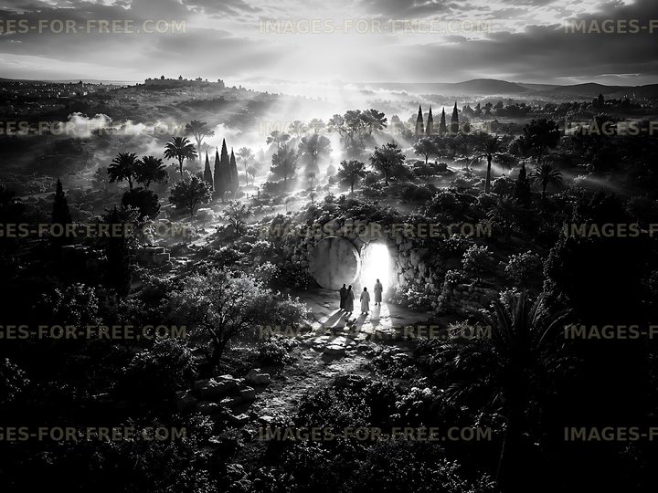 Sunrise over a desert landscape with silhouettes near a cave