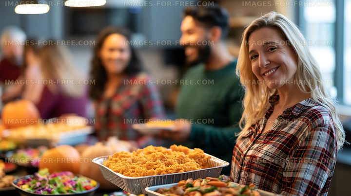 Gathering of friends enjoying food indoors during a festive event