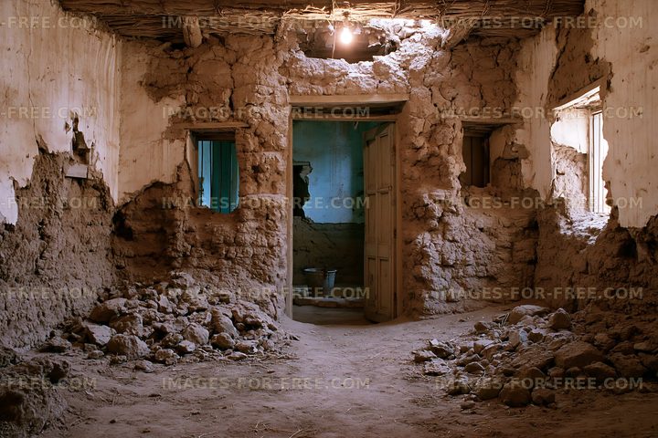 Old abandoned house interior with damaged walls and dirt floor
