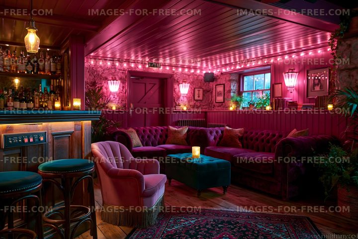 Cozy lounge area with pink lighting and comfortable seating