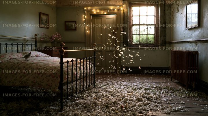 Dust and feathers float in an empty bedroom with a bed