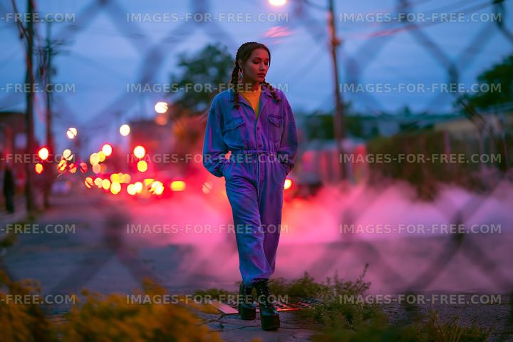 Young woman in blue jumpsuit walking on urban street at dusk