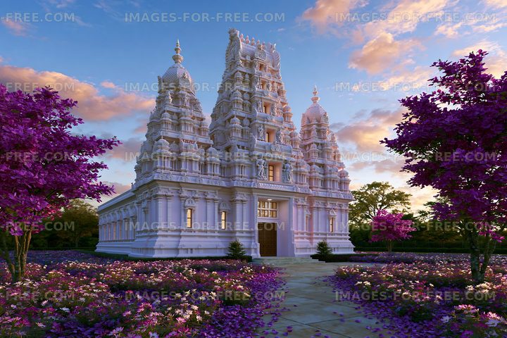 Beautiful temple surrounded by colorful flowers at sunset