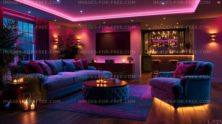 Modern living room with colorful lighting and bar area