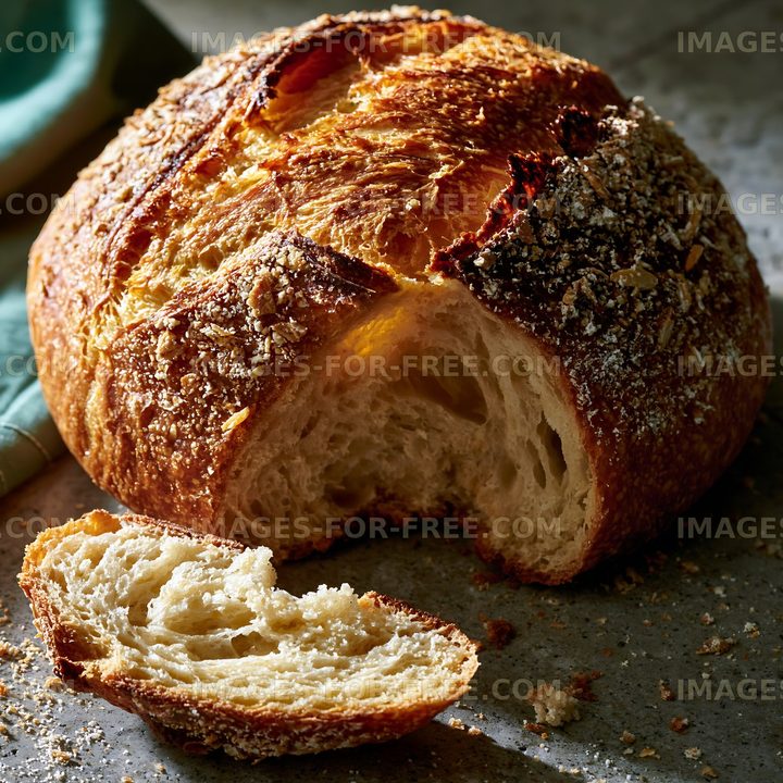 Freshly baked bread loaf on a kitchen counter with a slice removed