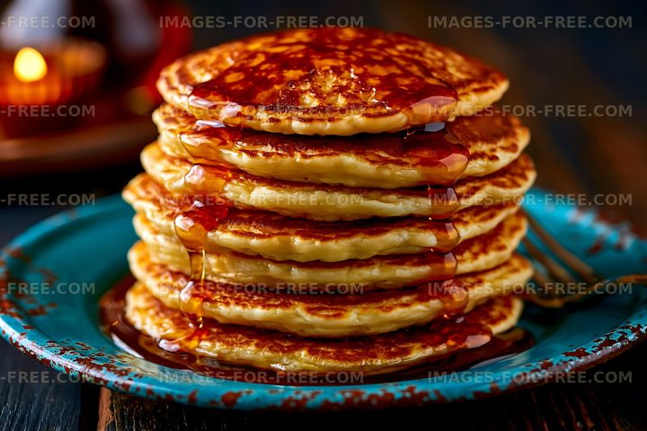 Stack of pancakes with syrup on blue plate