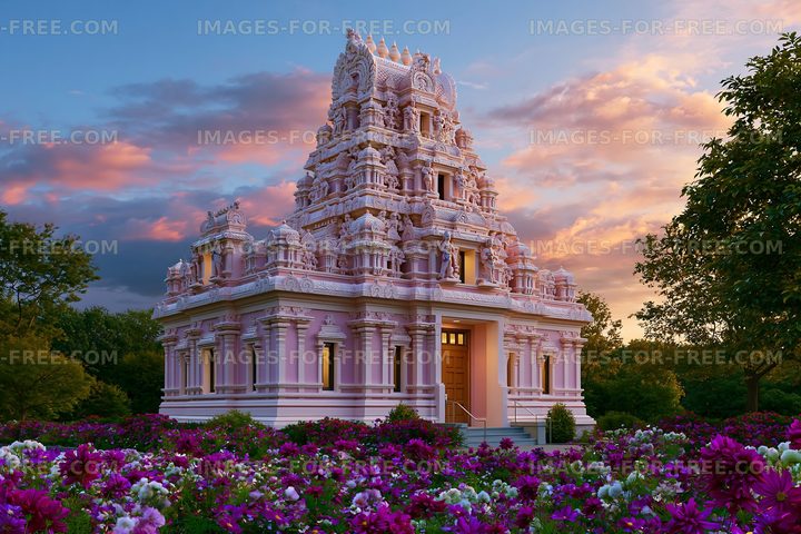 Colorful temple surrounded by flowers at sunset