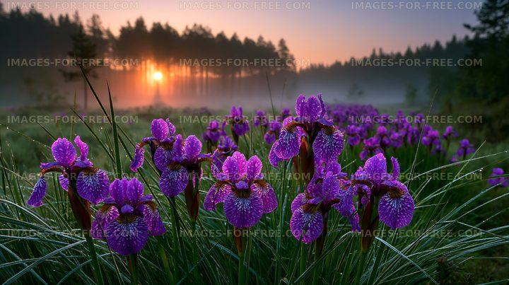Sunrise over purple flowers in a misty field