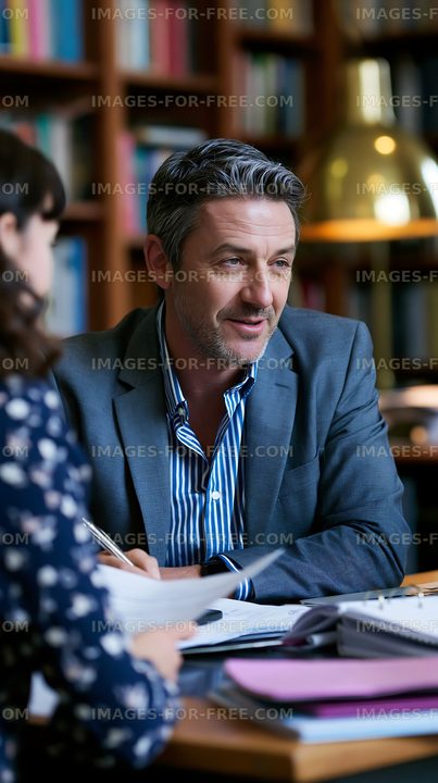 Discussion between two people in a library setting