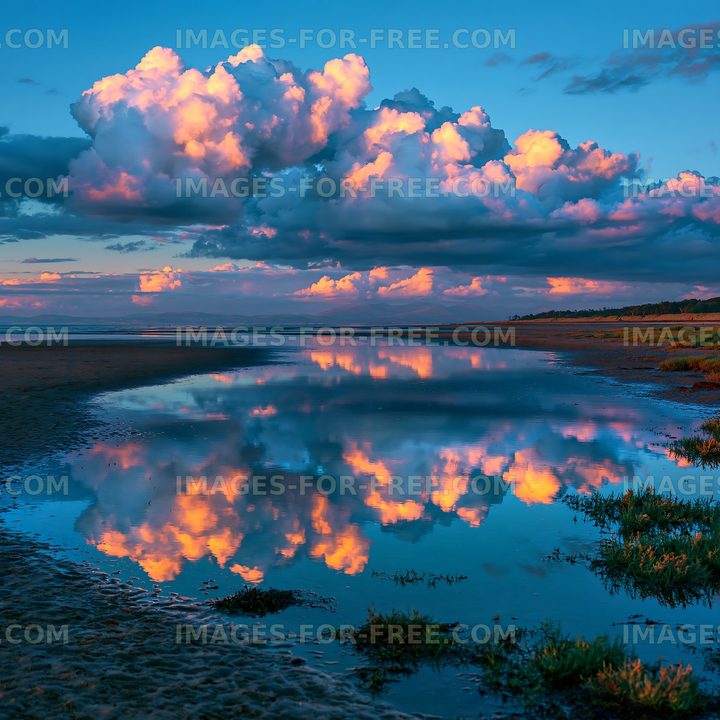 Colorful clouds reflect in calm water at sunset near the beach