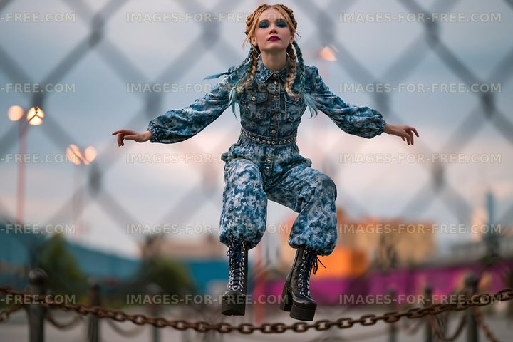 Girl in blue jumpsuit hovering in air near a chain link fence