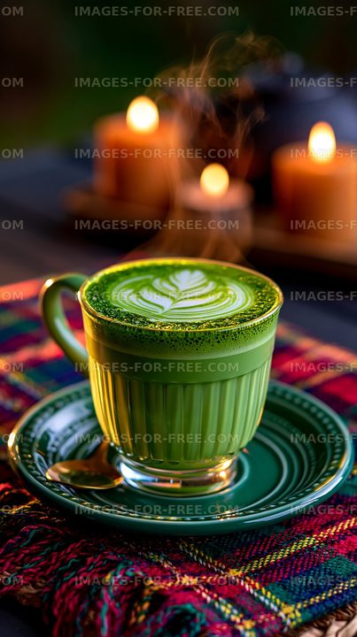 Green tea matcha in a cup with candles on a table