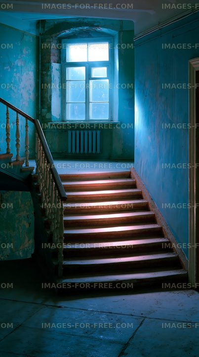 Staircase with blue walls and natural light coming through a window