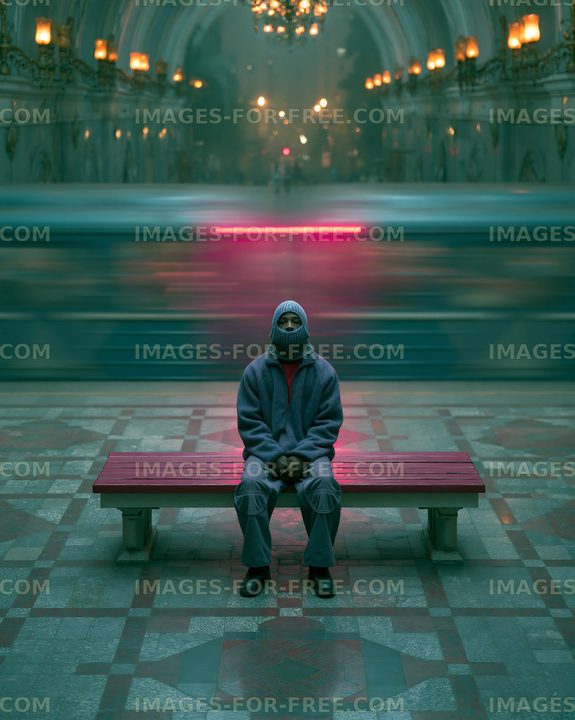 Person sitting on a bench in a subway station at night