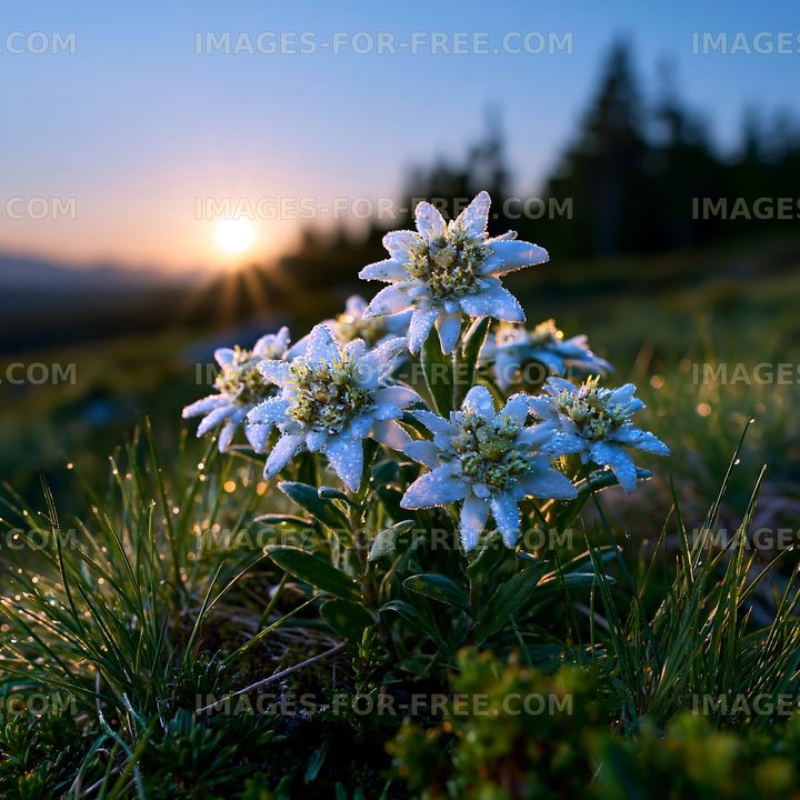 Sunrise over a cluster of white flowers in a mountainous region