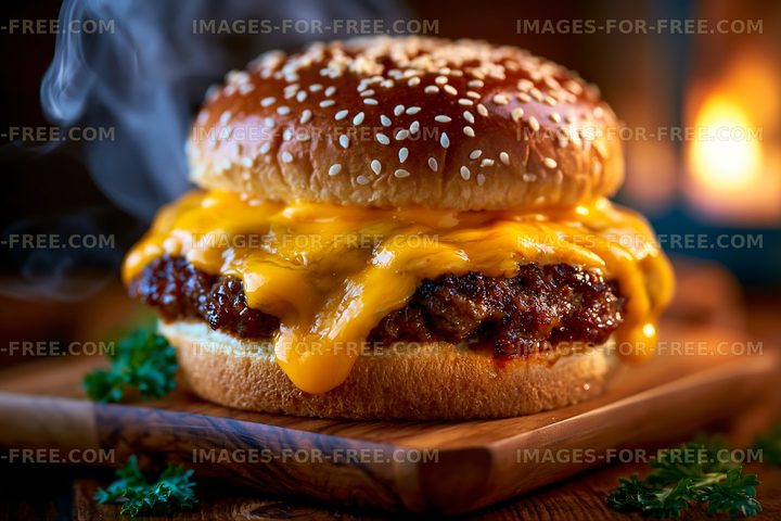 Melted cheese burger on a wooden board with aromatic smoke