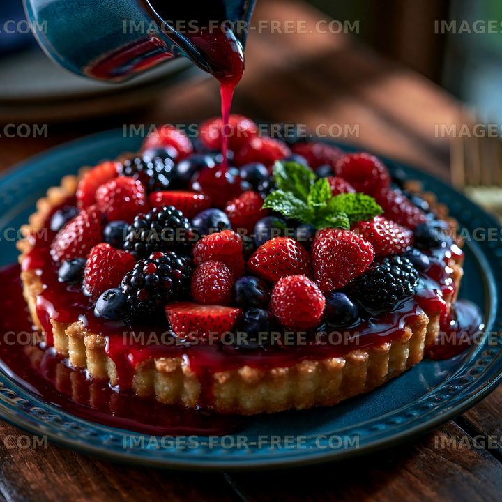 Berry tart with assorted fruits on a wooden table