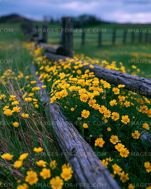 Yellow flowers beside a wooden fence in a green field