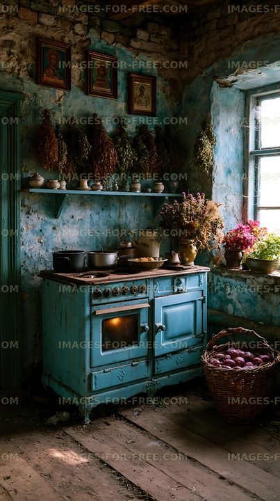 Old kitchen interior with blue stove and plants on the shelf