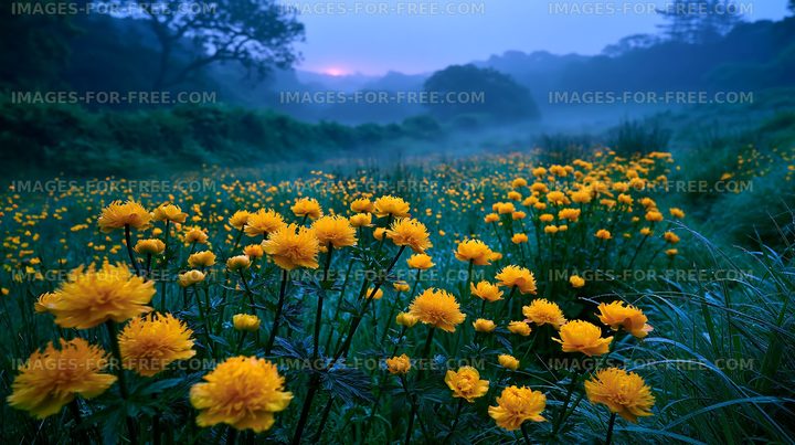 Field of yellow flowers in the early morning light